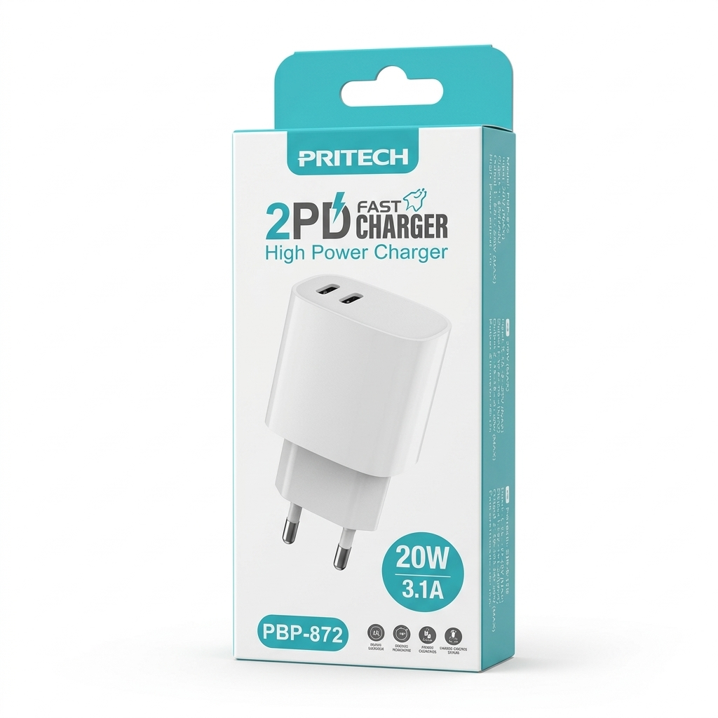 Cargador de Viaje Dual USB-C Pritech | Carga Rápida 20W