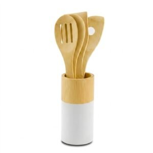 Set de Utensilios de Cocina en Bambú con soporte